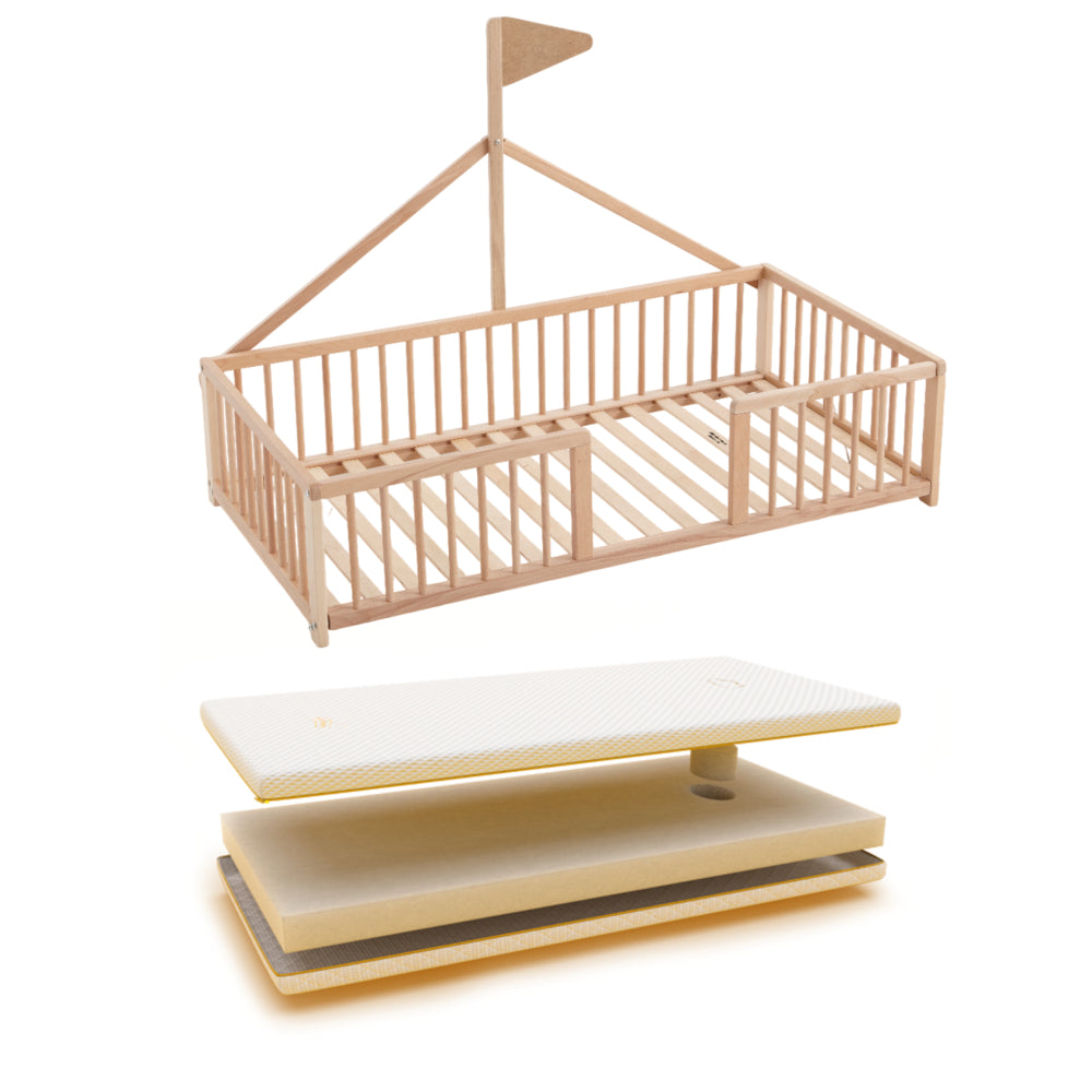Cama Montessori Apache 140×70 Cm De Madera De Haya Con Colchón Sanitario Ternum, Color Natural_0