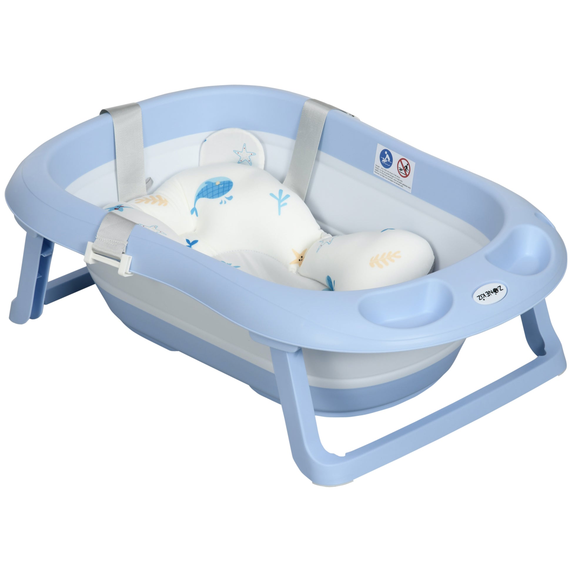 Zonekiz Bañera Plegable Bebé Con Cojín Agujero De Ducha 83x48x23,5 Cm Azul_0