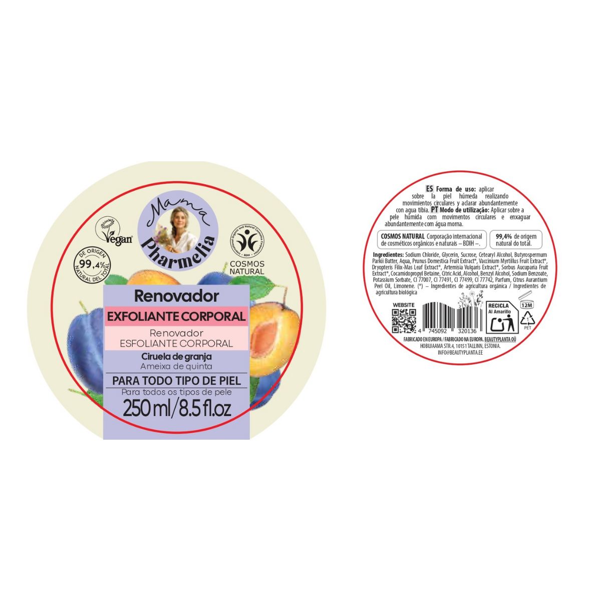 Exfoliante Corporal Renovador con Ciruela de granja, Mama Pharmelia, 250 ml