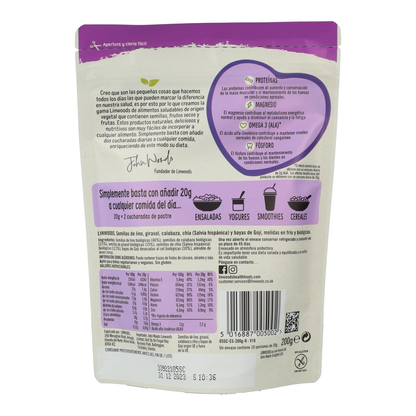 Linhaça, girassol, abóbora, chia e bagas de goji moídas biológicas - Linwoods 200g