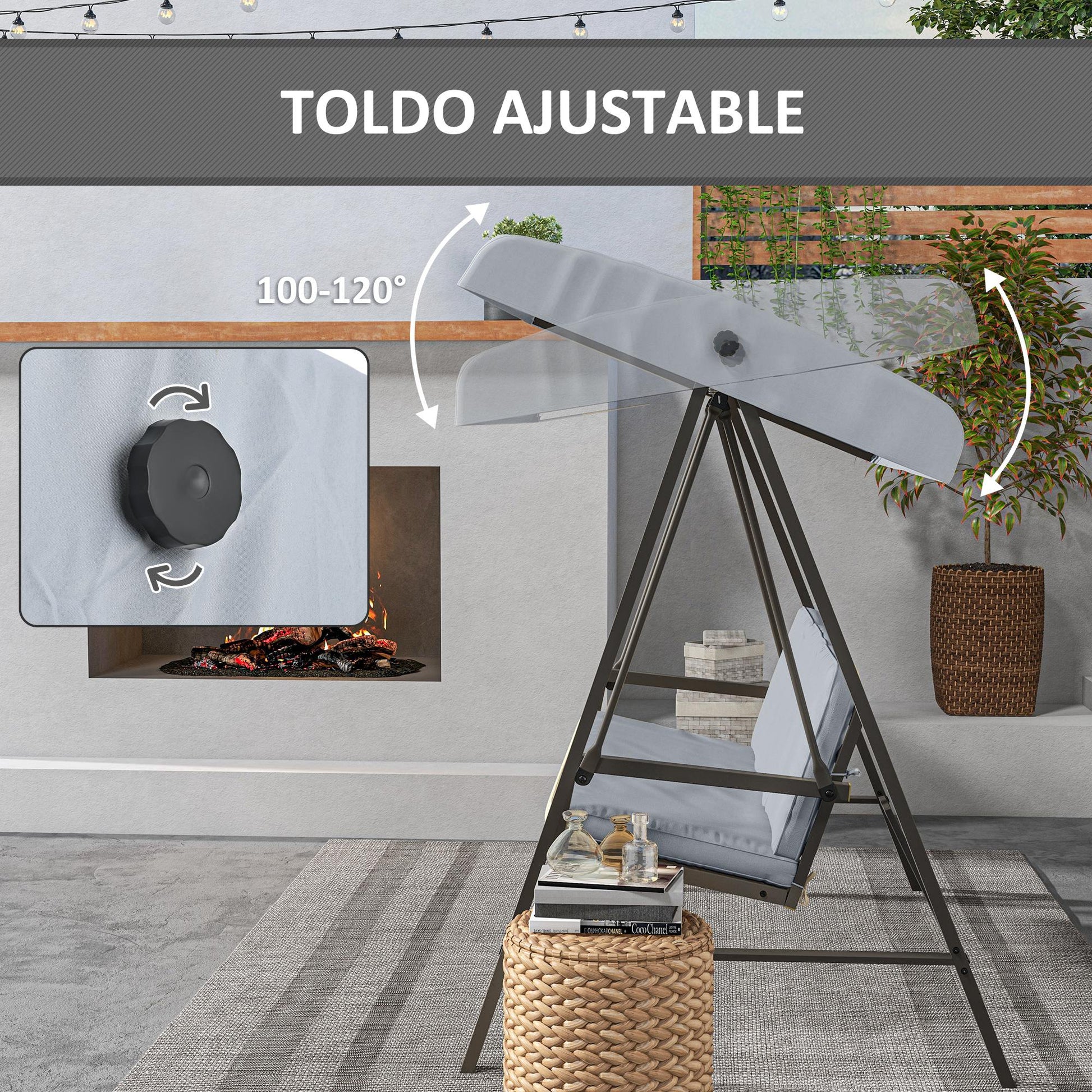 Outsunny Columpio De Jardín De 3 Plazas Con Toldo Ajustable 200x125x175 Cm Gris_5