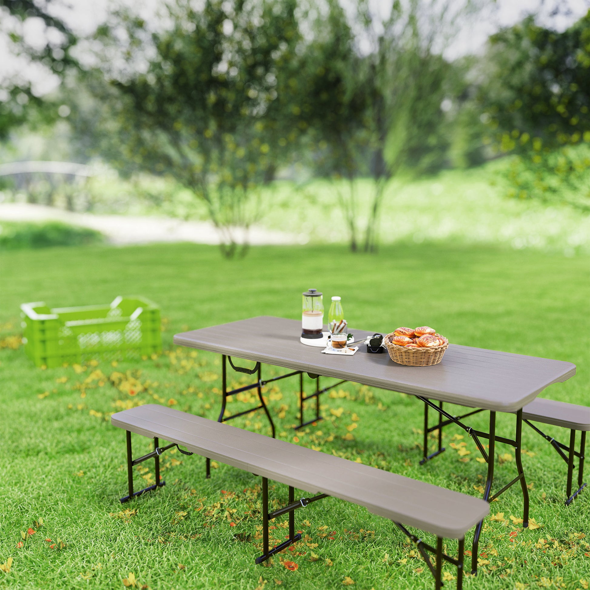 Outsunny Conjunto De Camping Plegable 3 Piezas Mesa Plegable Camping Con Bancos_1