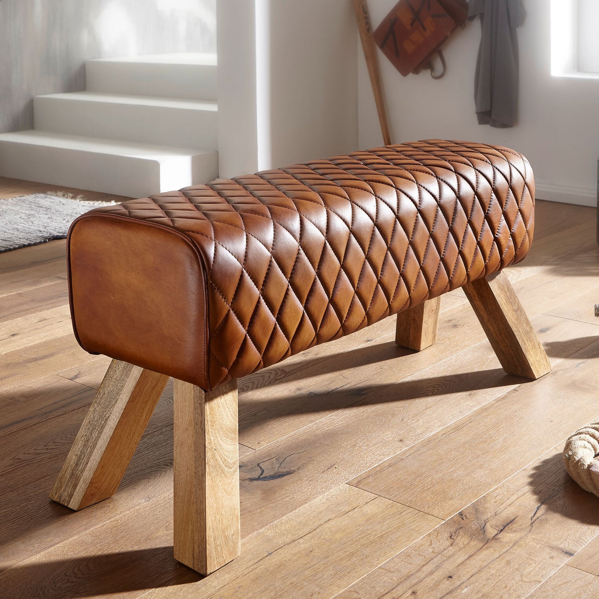 Banco Cuero Y Madera Maciza 89x46x35 Cm_1