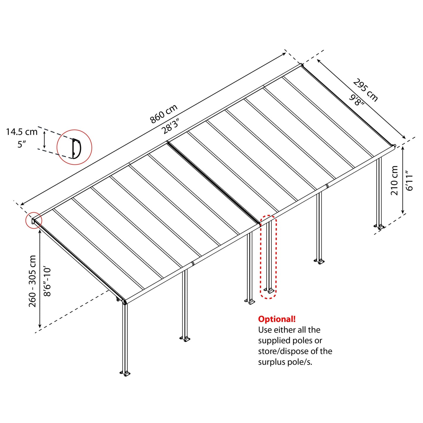 Pérgola anexa Olympia 860x294 cinzento 