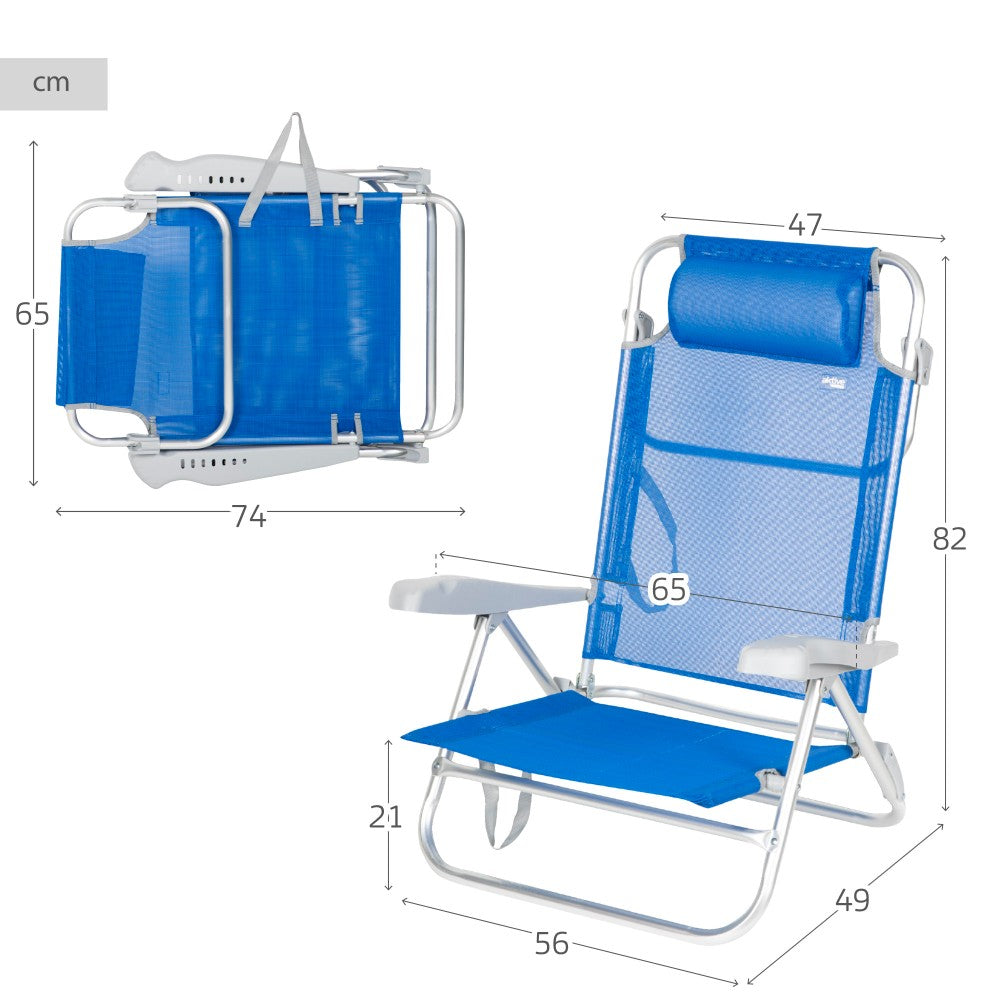 Aktive Silla De Playa Plegable Y Reclinable 7 Posiciones Azul C/cojín Y Asas Mano_3