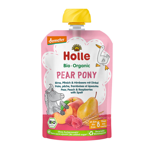 Pouch Pear Pony Pera, Melocotón y Frambuesas con Espelta Demeter a partir 8 meses Holle 100gr