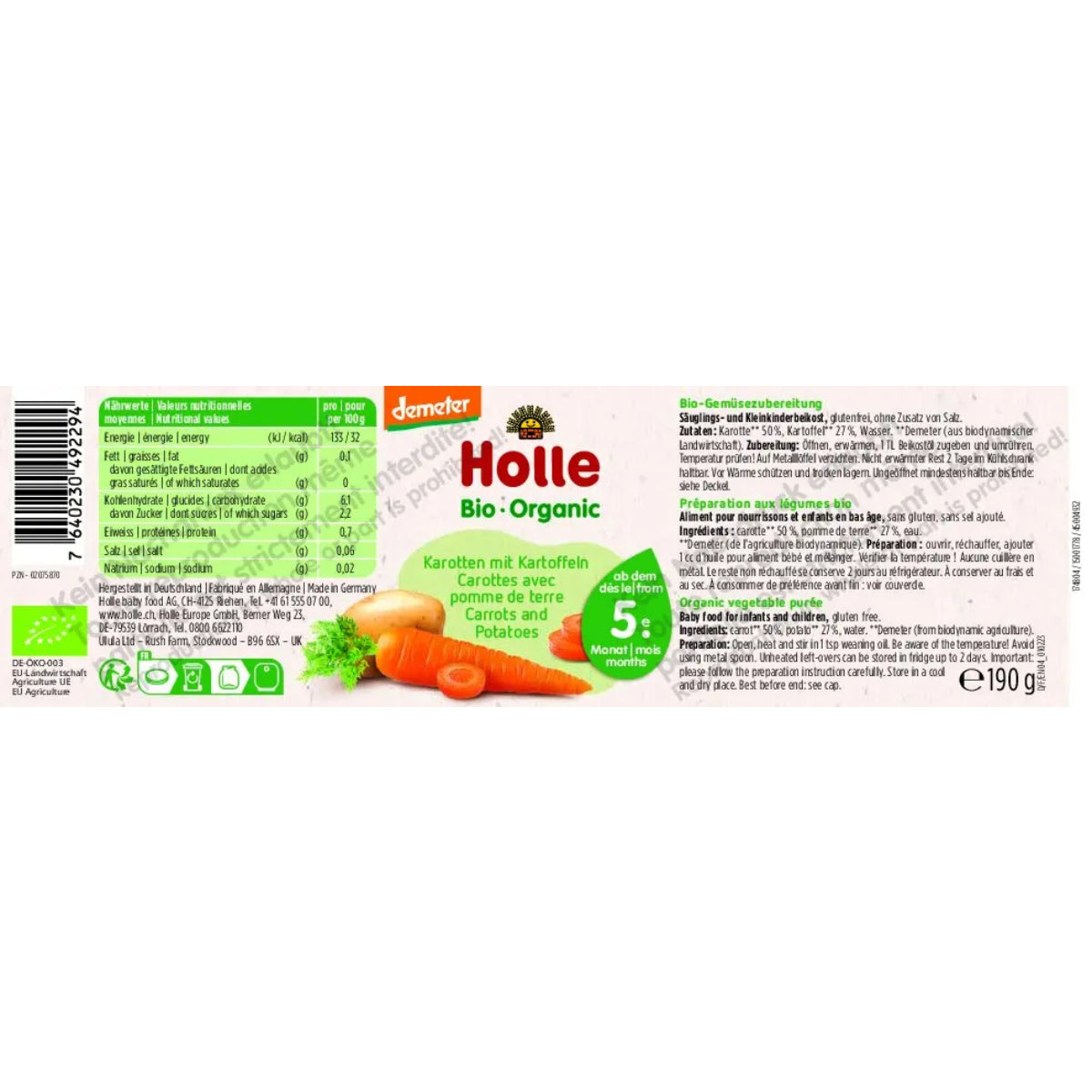 Tarrito de Zanahoria & patata Demeter a partir 7 meses Holle 190gr