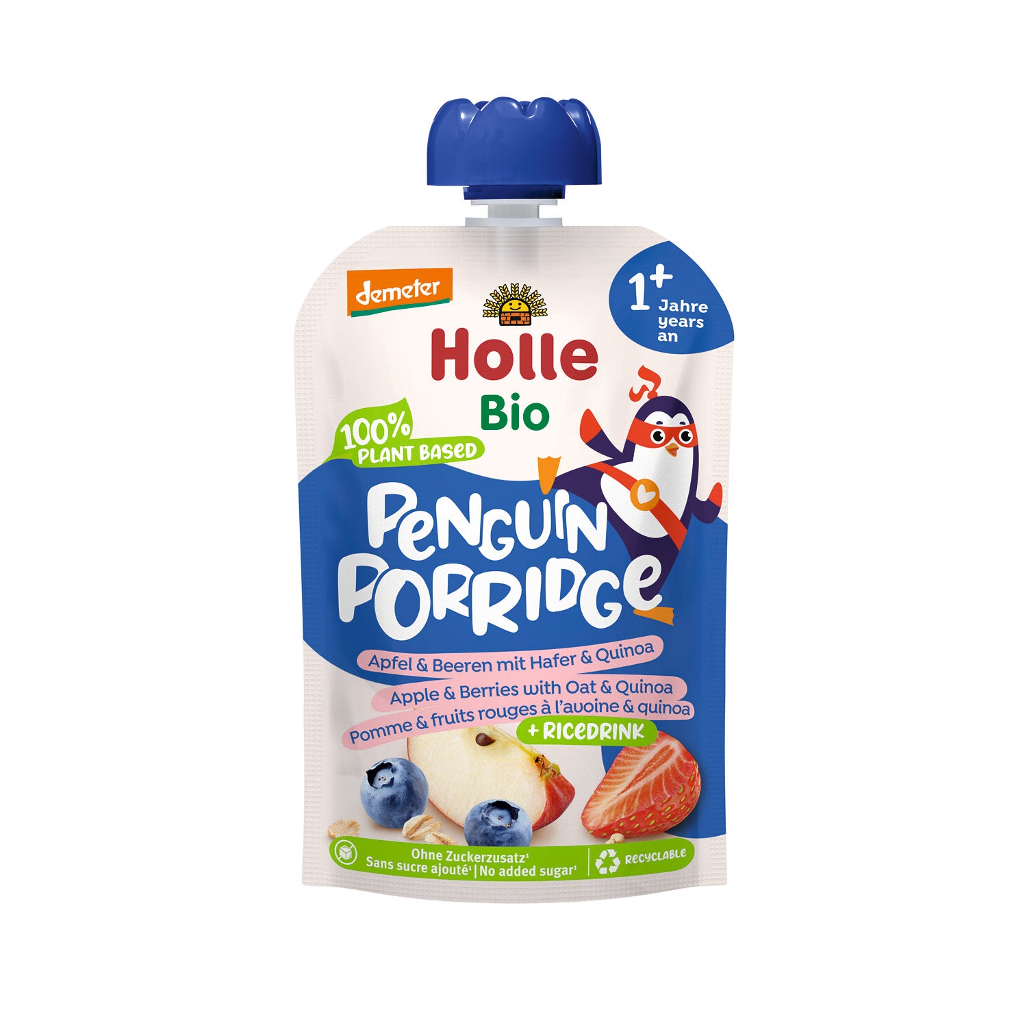 Pouch Penguin Porridge de Manzana, Frutos Rojos, Avena y Quinoa Demeter a partir 12 meses Holle 110gr
