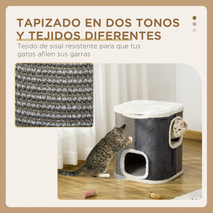 Pawhut Barril Rascador Para Gatos 2 Niveles Con Cuevas De Sisal 40x40x49cm Gris_5