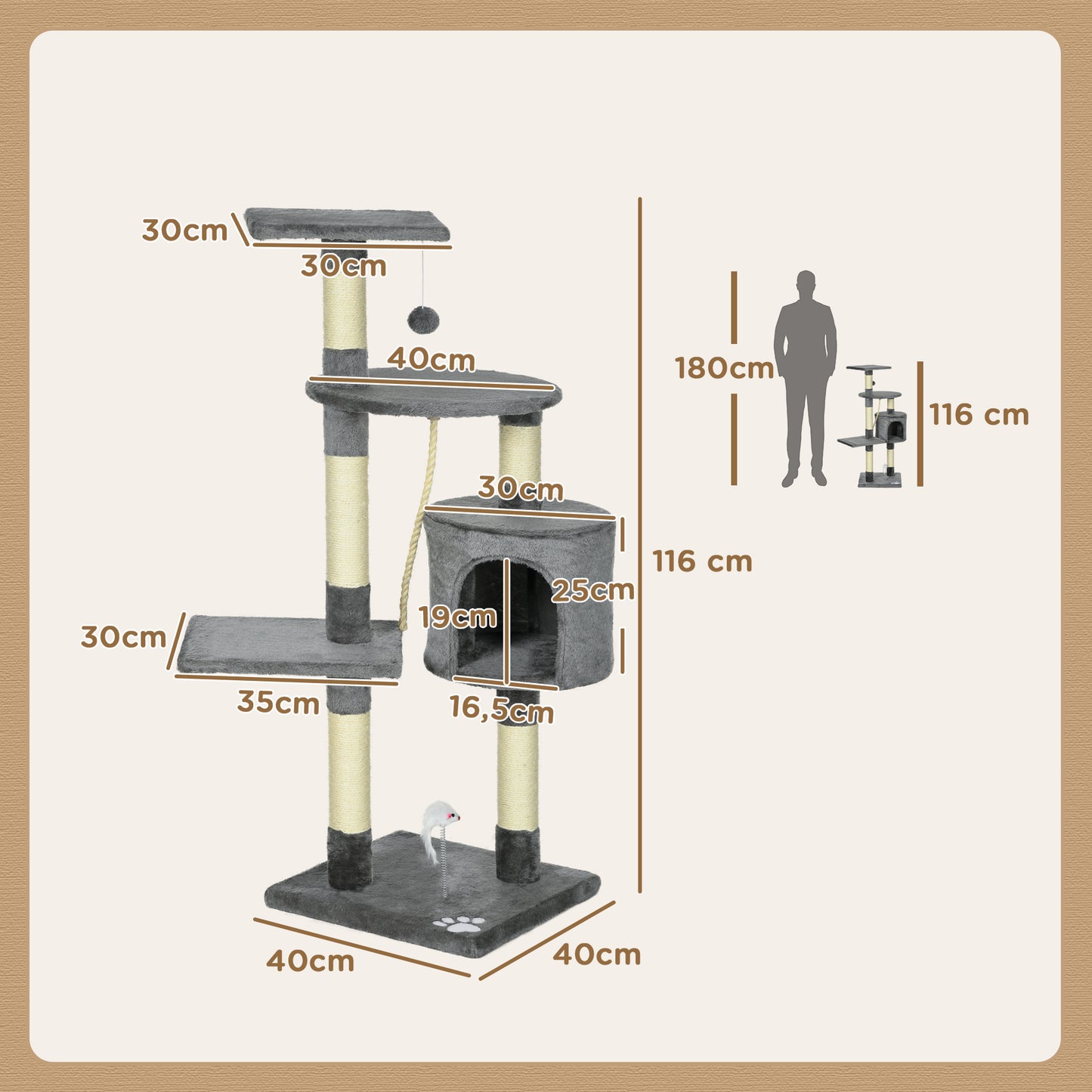 Pawhut Rascador Para Gatos Altura 116cm Con Postes De Sisal Cueva Y Plataformas_2