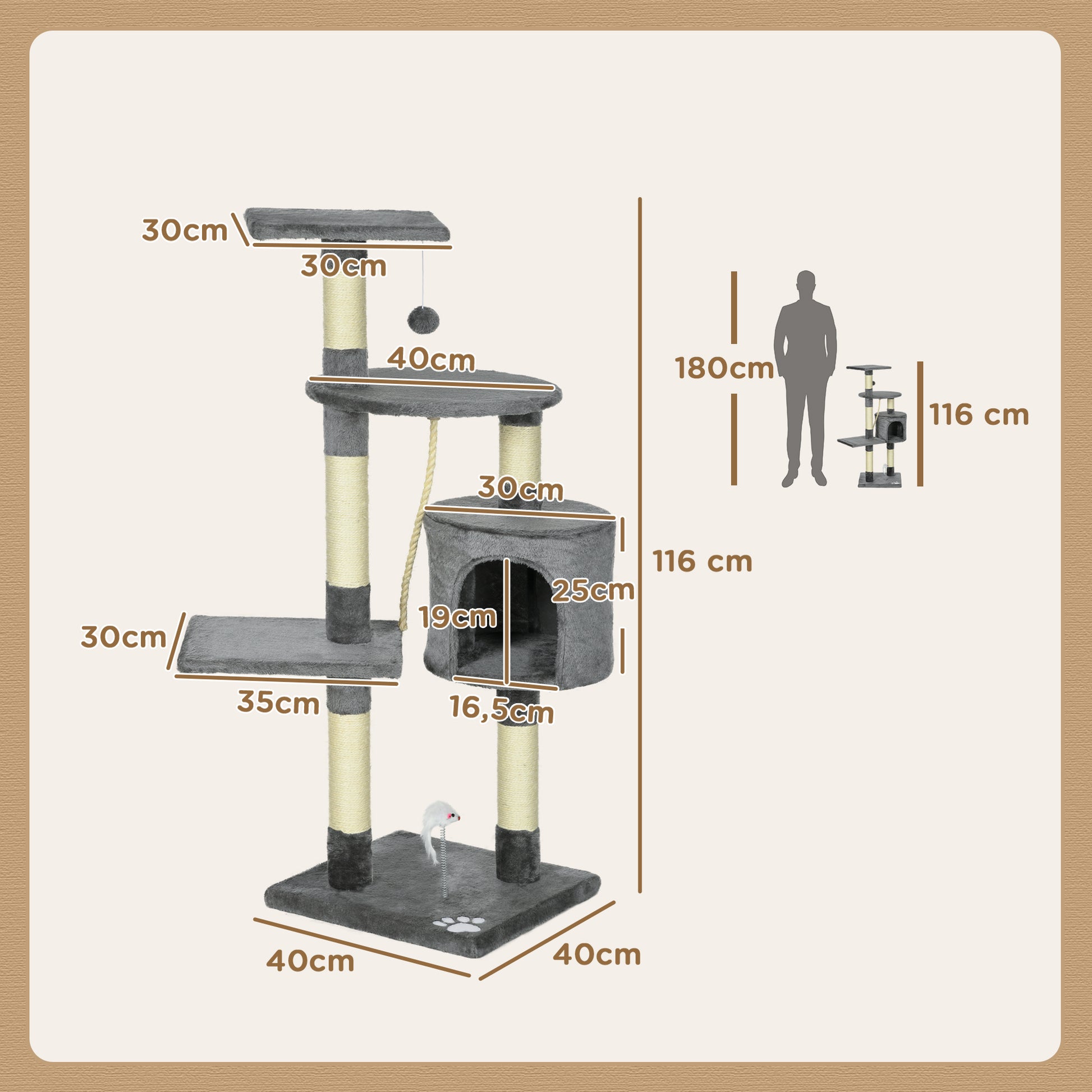 Pawhut Rascador Para Gatos Altura 116cm Con Postes De Sisal Cueva Y Plataformas_2