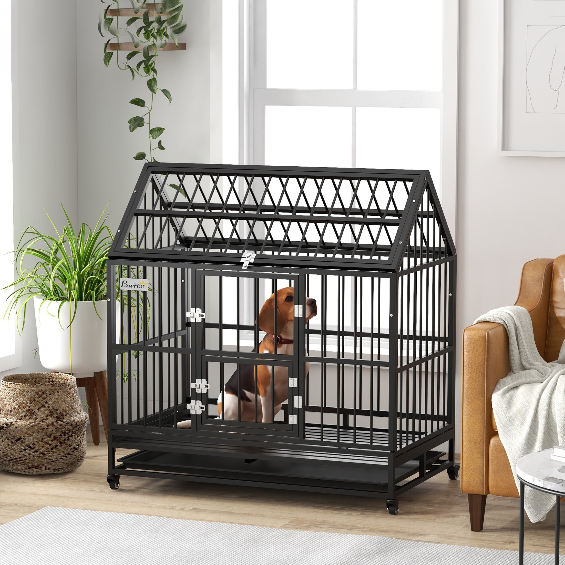Pawhut Jaula Para Perros Grandes 123x74x125 Cm Con Ruedas Puertas Negro_1