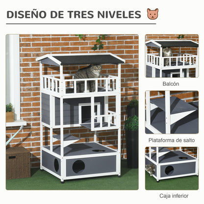 Pawhut Casa Para Gatos De Madera 75,5x75x137 Cm Con Techo Asfáltico Gris_3