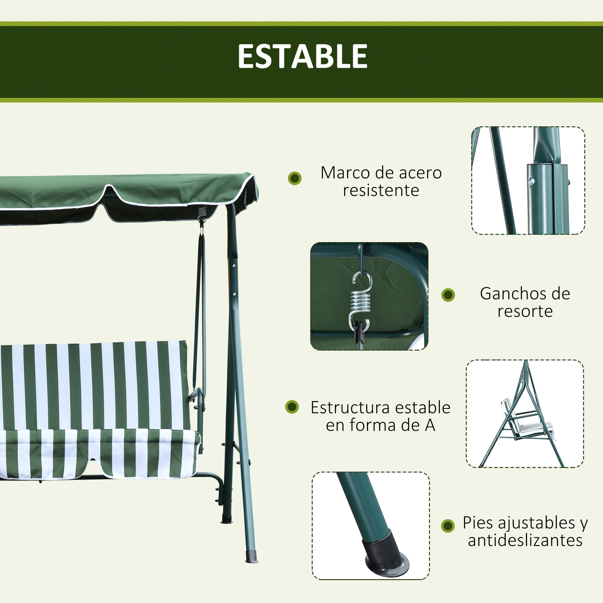Outsunny Columpio Balancín De Jardín De 3 Plazas Con Techo Ajustable Raya Verde_5