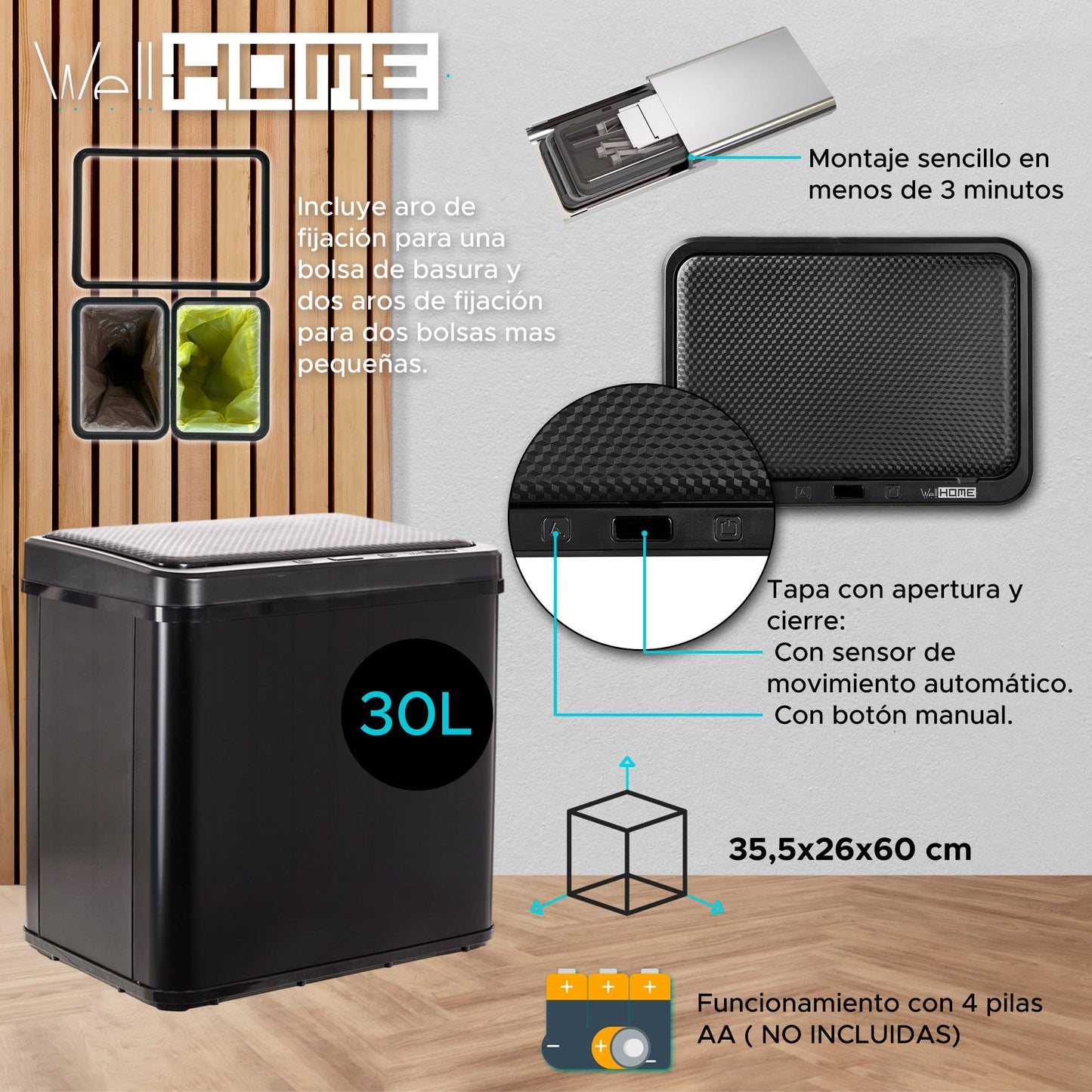 Cubo Reciclaje 15l+15l Sin Patas Apertura Auto Negro_1