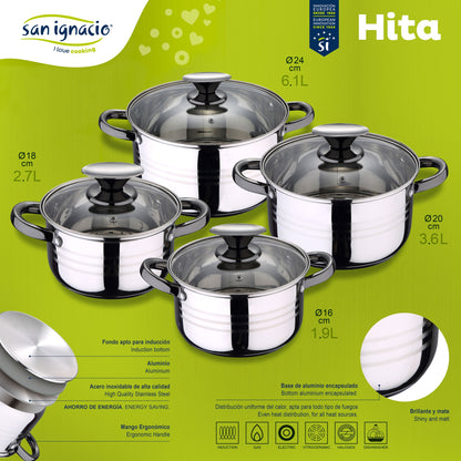 Bateria 8pc Acero Inoxidable Apta Para Inducción + 3 Sartenes 16/20/24 Cm San Ignacio