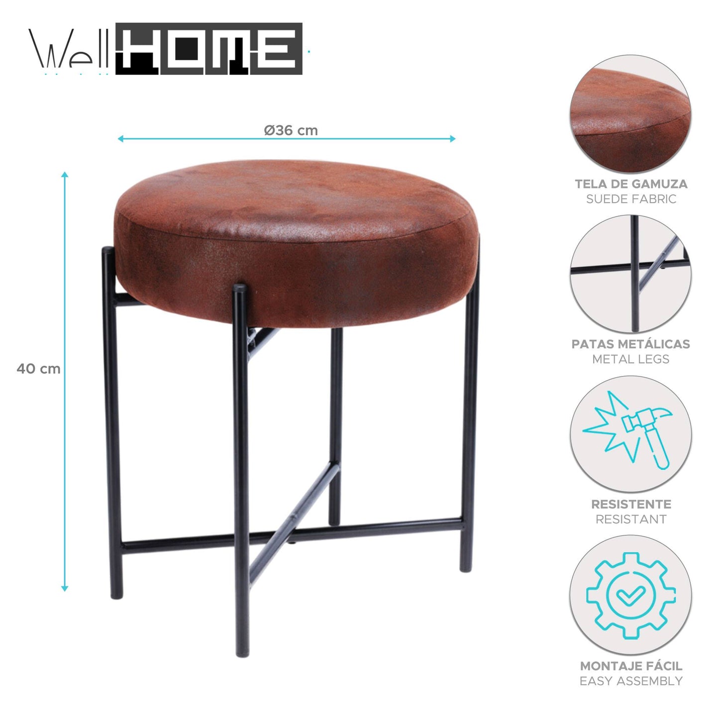 Well Home Taburete De Madera Contrachapada Con Tela En Marrón Oscuro - 36x36x40cm_1