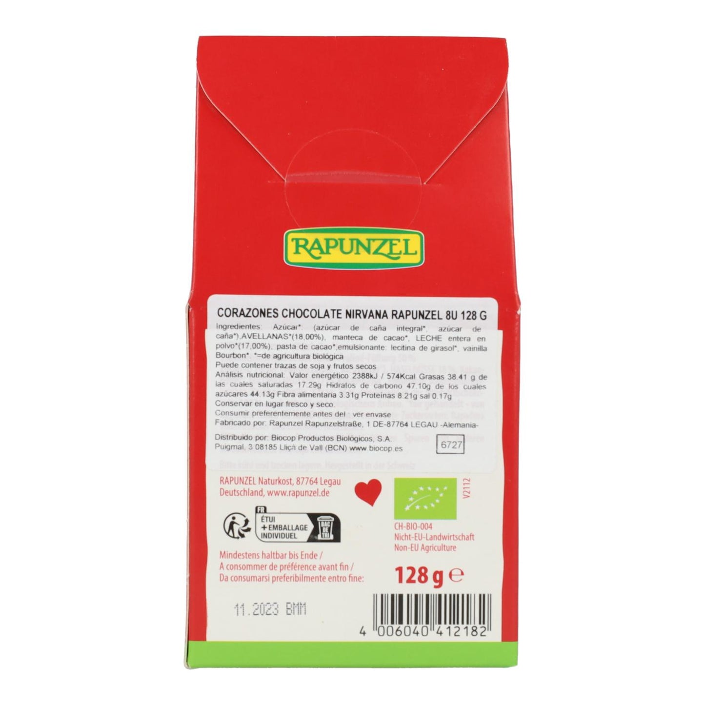 Rapunzel Nirvana Organic Chocolate Hearts, 8 unidades de 16 gr