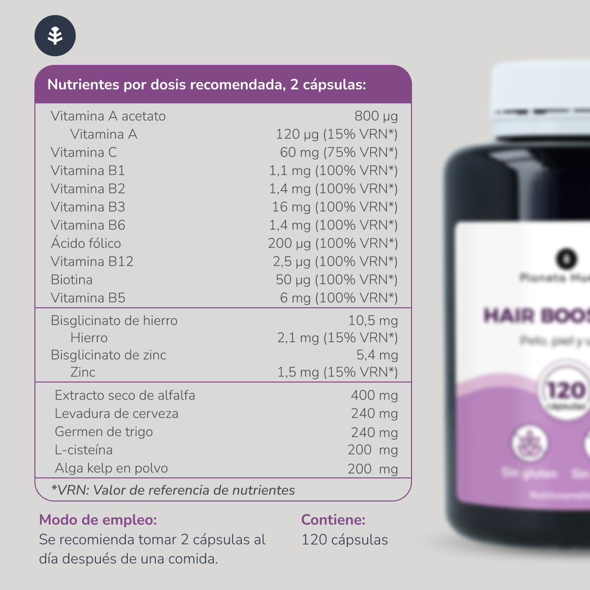 Hair Booster para cabelo, pele e unhas Planeta Huerto 120 cápsulas