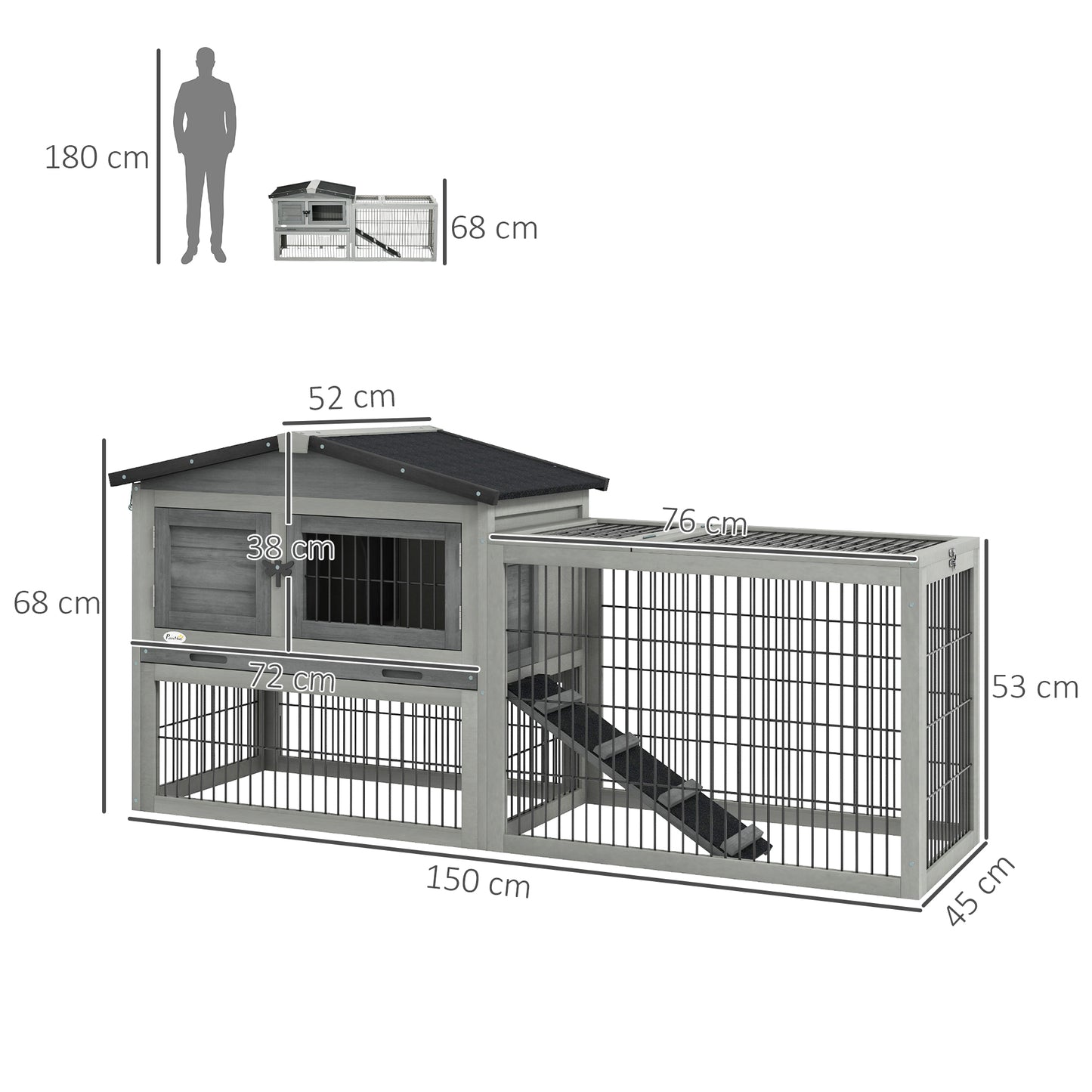 Pawhut Conejera Exterior De Madera 150x52x68 Cm Techo Abatible Bandeja Gris_2