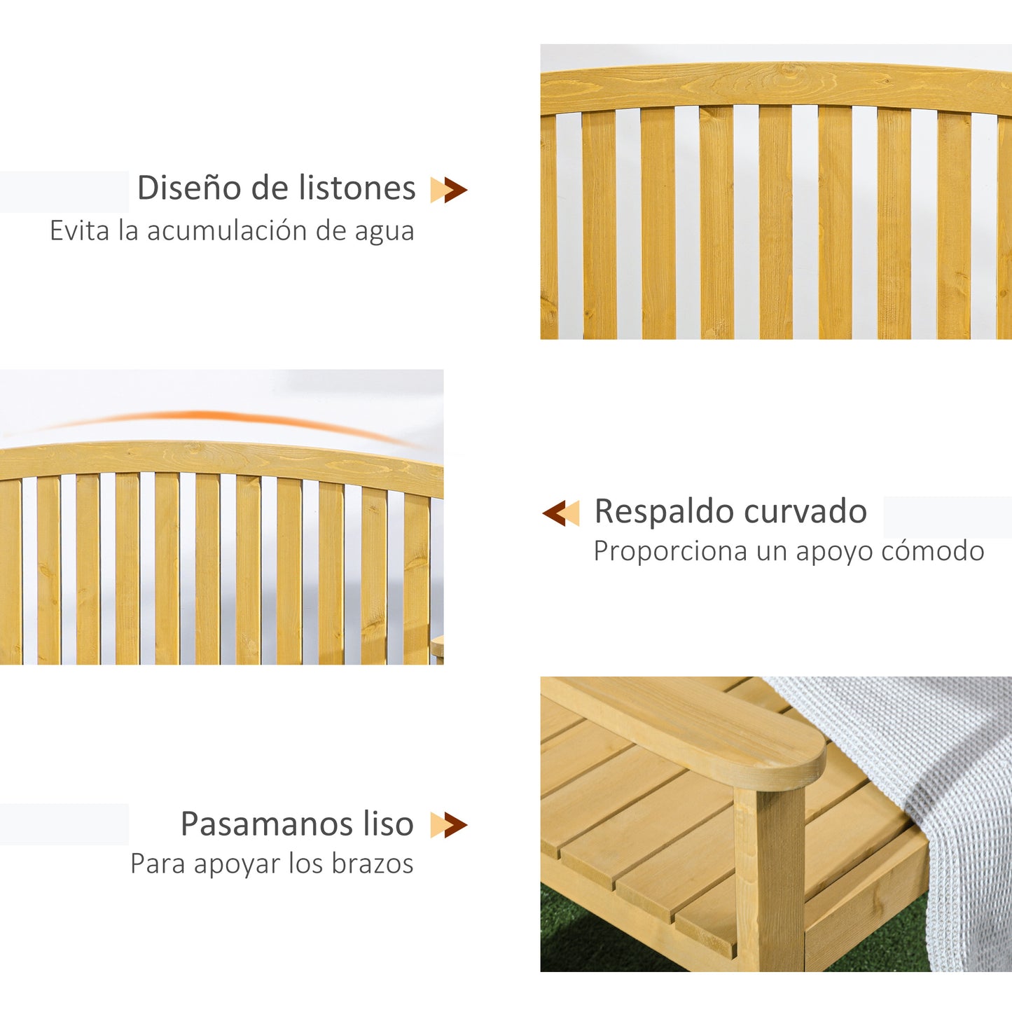 Outsunny Banco De Jardín De 2 Plazas De Madera Con Respaldo 143x51x85 Cm Natural_5