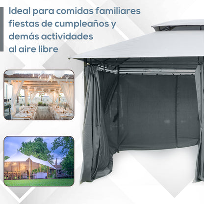 Outsunny Cenador De Jardín 3x4 M Con Paredes Laterales Doble Techo Gris_5