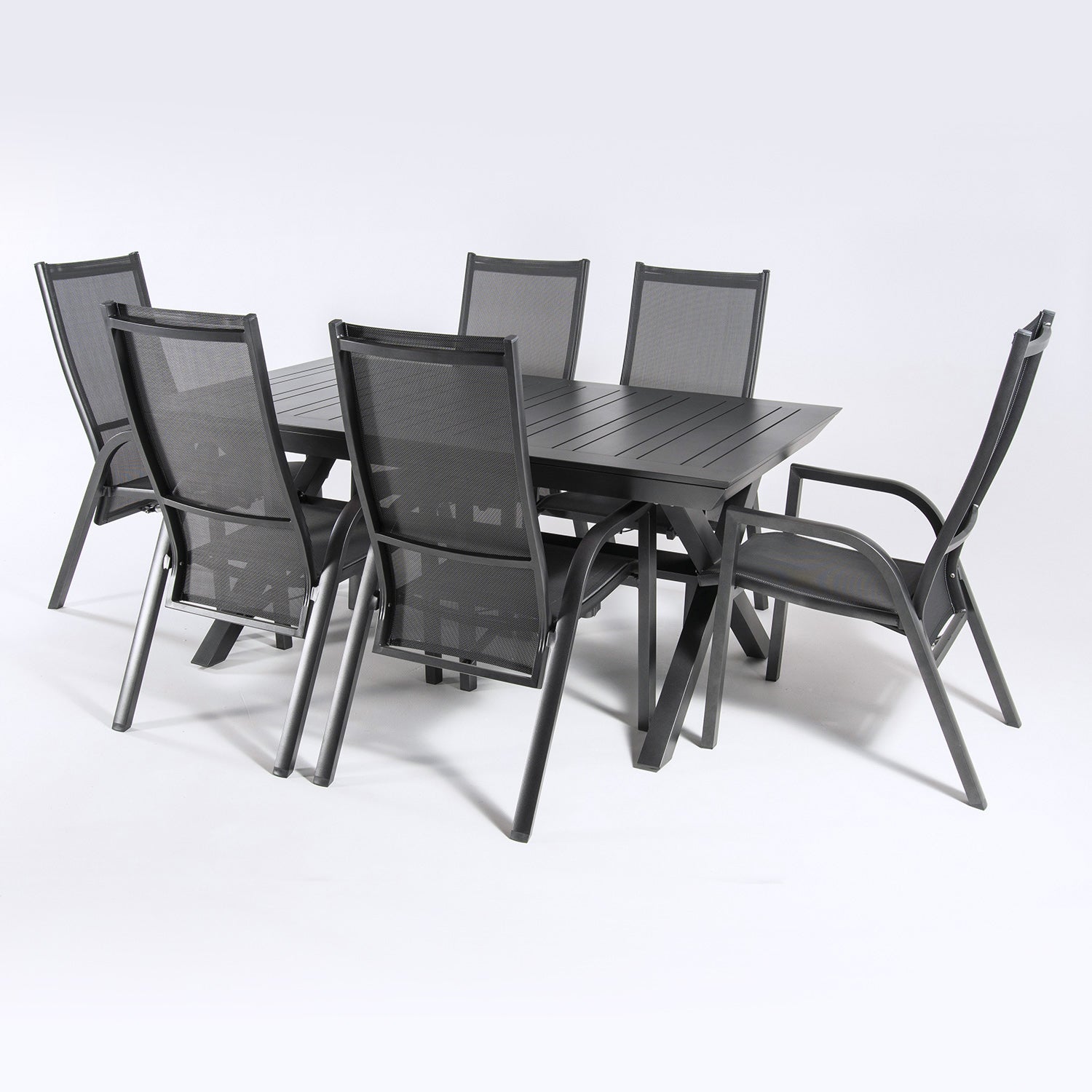 Conjunto Mesa Exterior Extensible 170/240 Y 6 Sillones Reclinables, Aluminio Antracita, Textilene Plata Y Negro, 6 Plazas_2