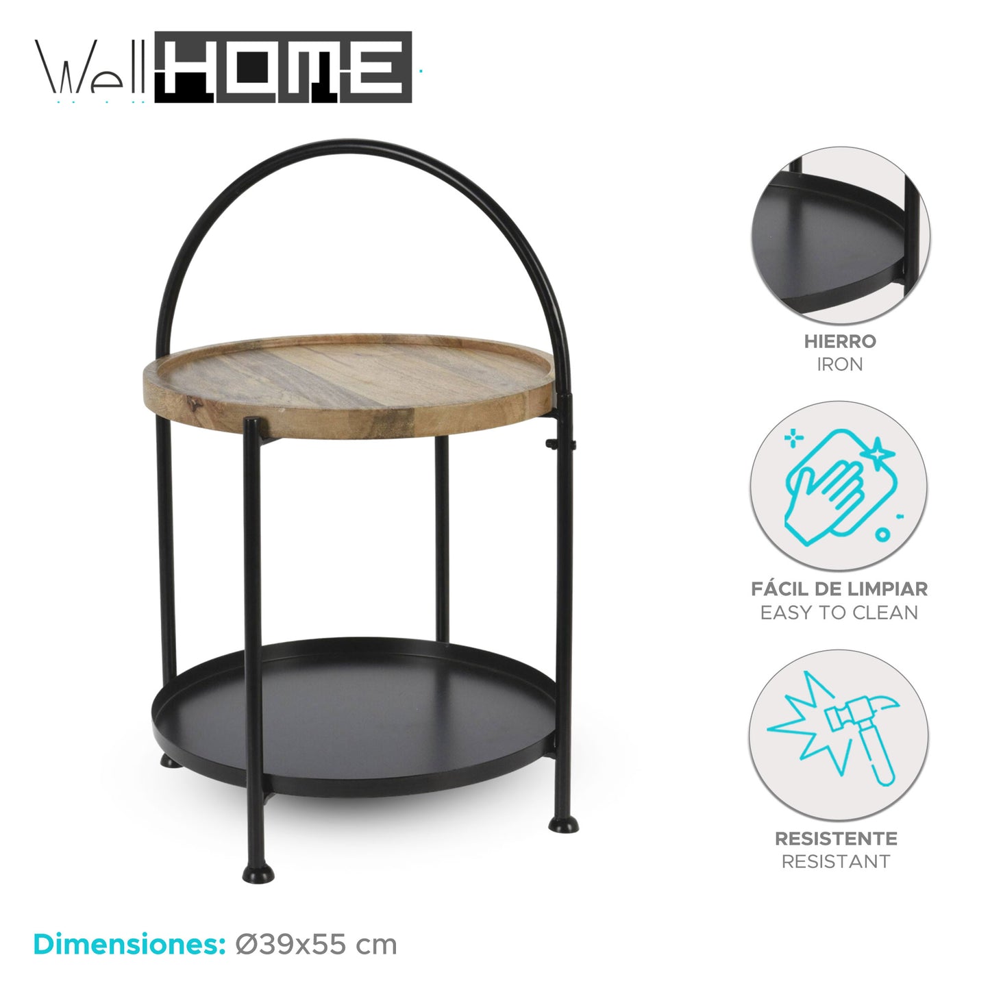 Well Home Mesa Auxiliar Con Dos Bandejas Color Negro Ø39x55cm_1