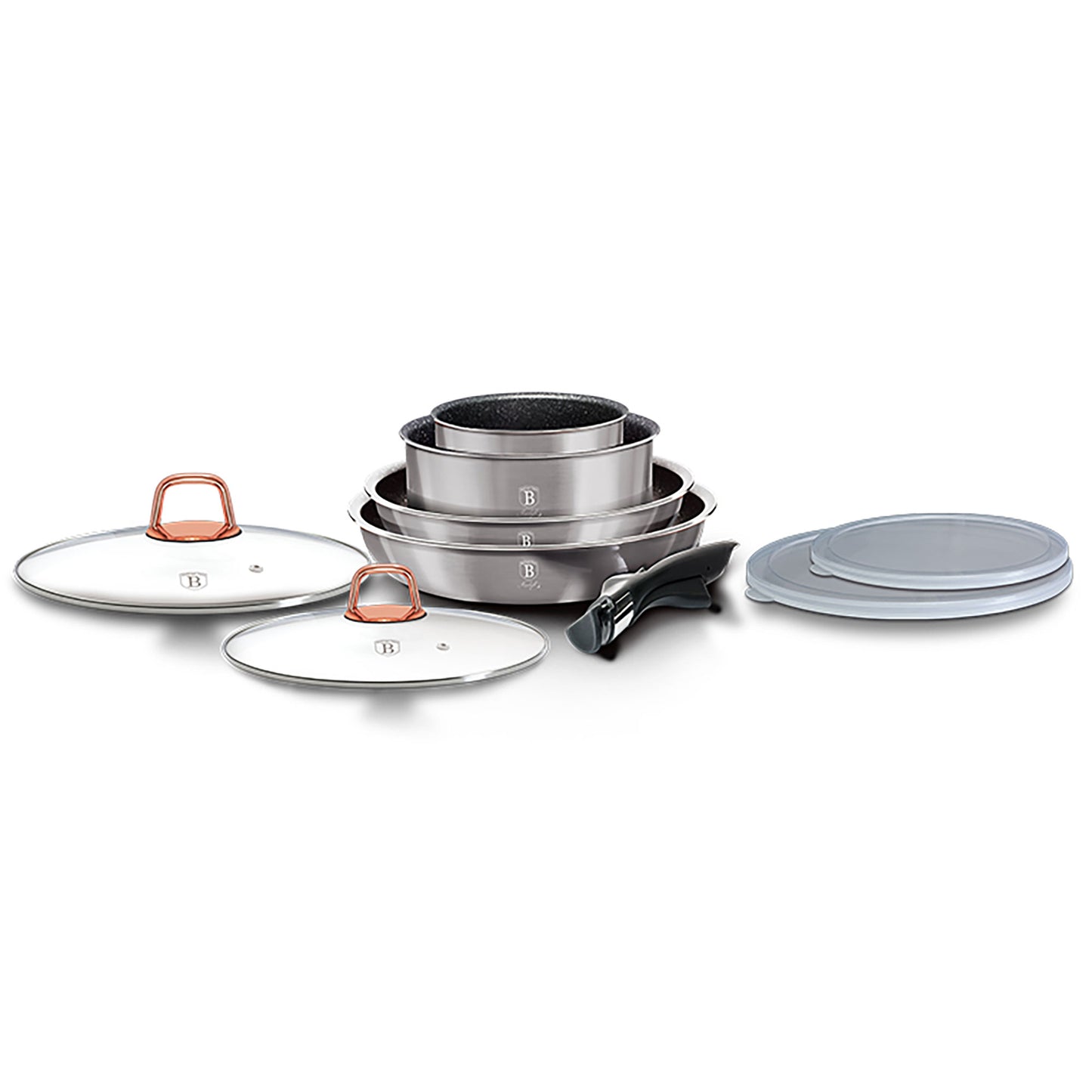 Batería De Cocina Aluminio Forjado 9 Piezas, Inducción, Asa Extraíble, Cazuelas Apilables Tapas Berlinger Haus Moonlight Gris_0