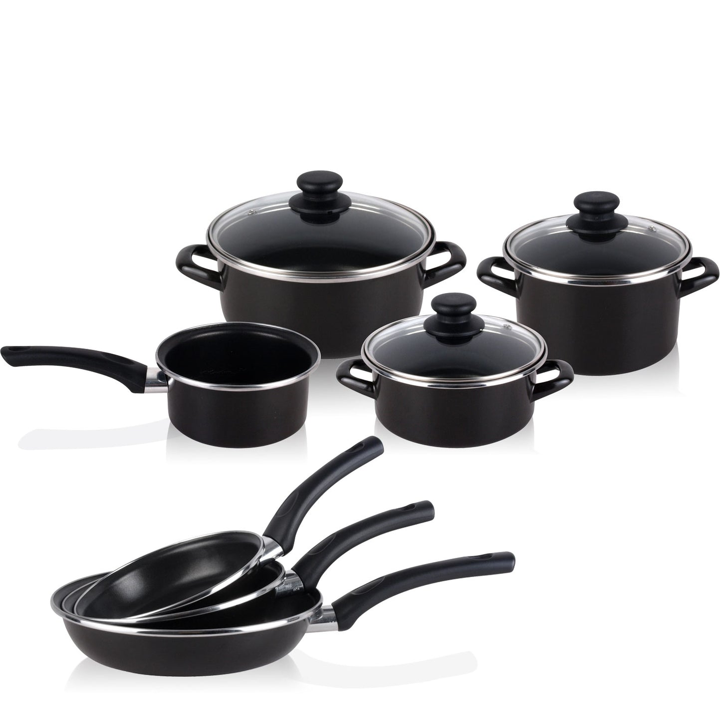 Bateria De Cocina 7 Piezas + Set Juego 3 Sartenes 18-20-24cm, Acero Vitrificado 820ºc, Libre Pfoa Magefesa Kenia, Negro_0