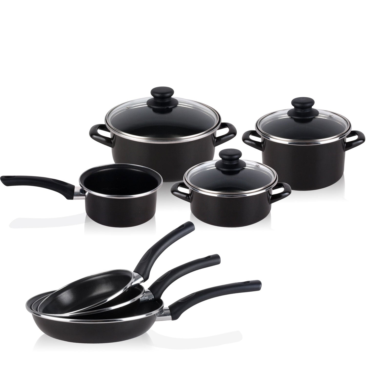 Bateria De Cocina 7 Piezas + Set Juego 3 Sartenes 18-20-24cm, Acero Vitrificado 820ºc, Libre Pfoa Magefesa Kenia, Negro_0