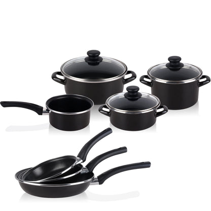 Bateria De Cocina 7 Piezas + Set Juego 3 Sartenes 18-20-24cm, Acero Vitrificado 820ºc, Libre Pfoa Magefesa Kenia, Negro_0