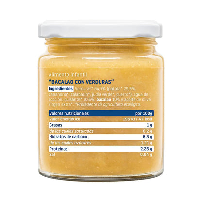 Pote biológico de legumes biológicos com bacalhau 230g.