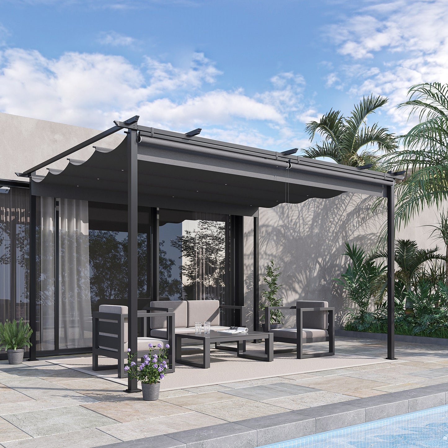 Outsunny Pérgola De Jardín 4x3 M Con Techo Retráctil 4 Cortinas Enrollables_1