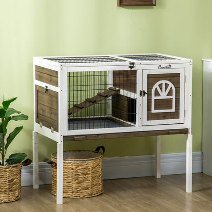 Pawhut Conejera De Madera Con Techo Abatible Puertas 90x53x87 Cm Marrón Y Blanco_1