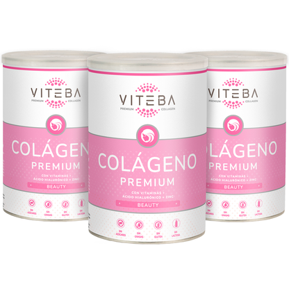 Pack de 3 botes Colágeno Beauty Viteba 330g x 3 - SIN sabor NI olor - Ácido Hialurónico, Vit. C y Zinc