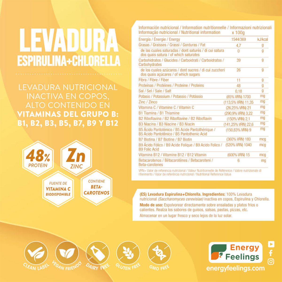 Levadura Nutricional con chlorella y espirulina XL Energy Feelings 250 g