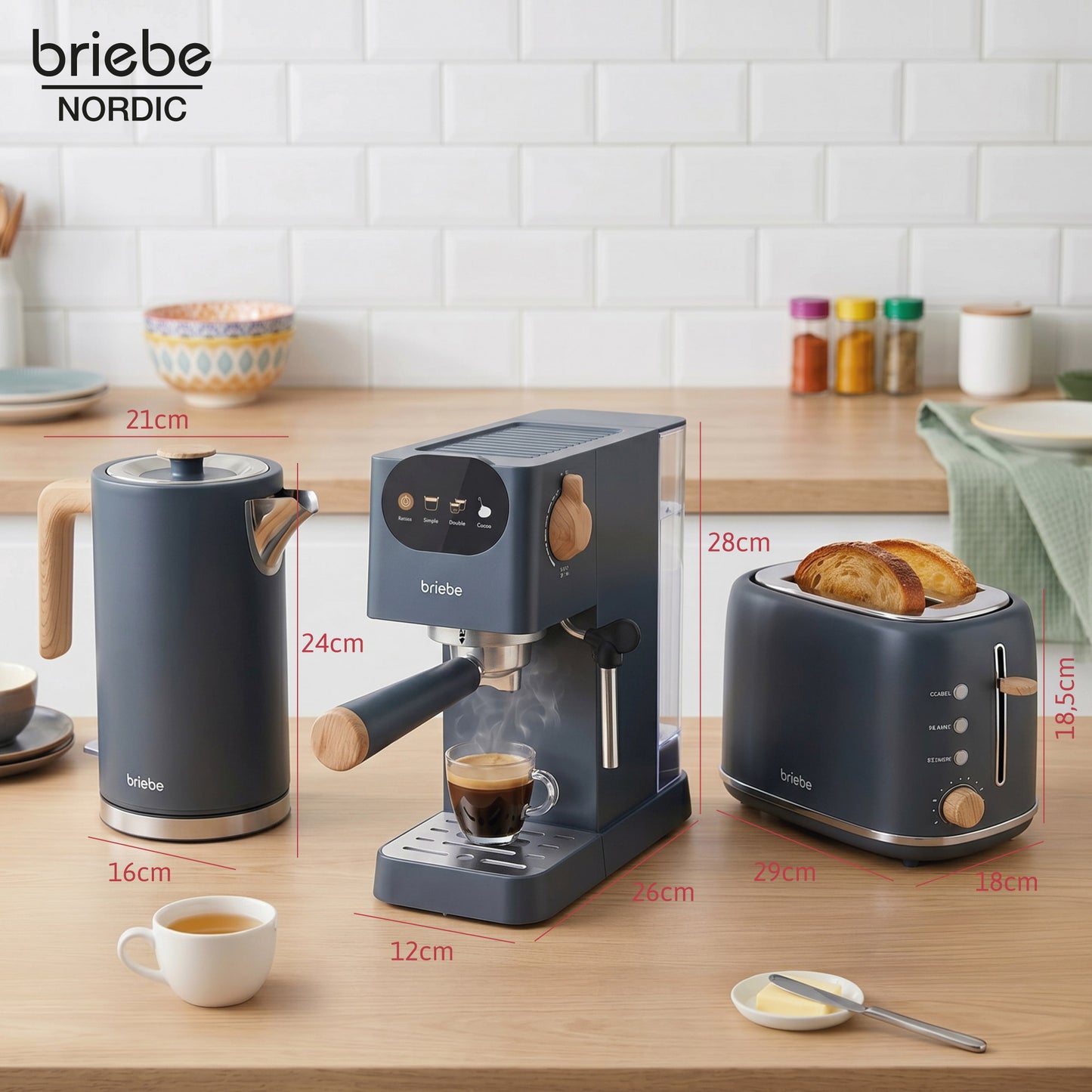 Briebe Nordic Set Cafetera Espresso 20 Bares, Tostadora Pan 2 Rebanadas, Hervidor Eléctrico Agua 1,7l, Skt1209gry, Gris_5