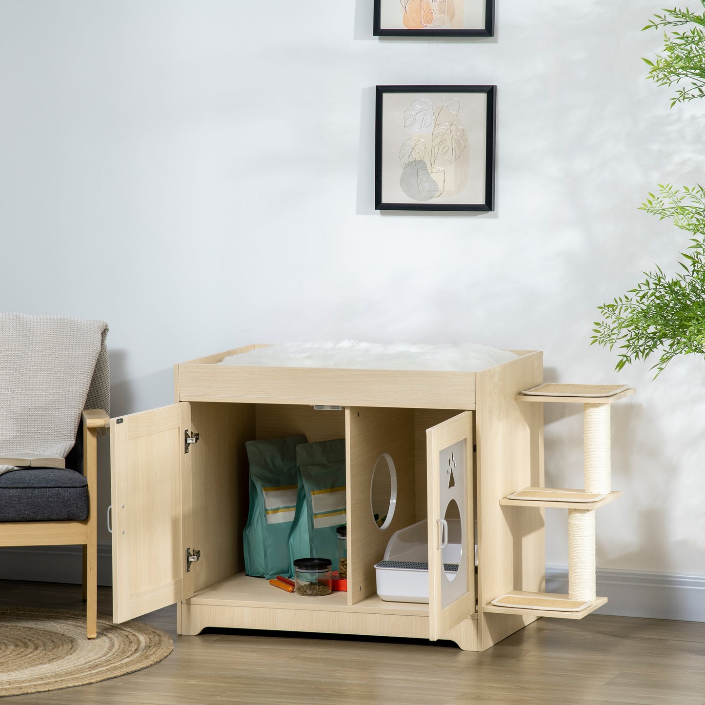 Pawhut Arenero Para Gatos De Madera Con 2 Puertas Cama Cojín Suave 107x54x70 Cm_1