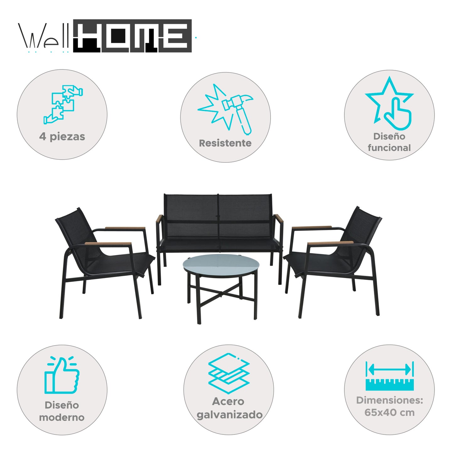 Well Home Conjunto De Muebles De Jardín De 4 Piezas De Diseño En Acero Galvanizado Y Vidrio Acabado De Mármol_1