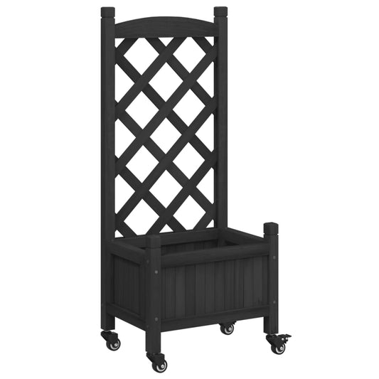 Jardinera Con Enrejado Y Ruedas Madera Maciza De Abeto Negro_0