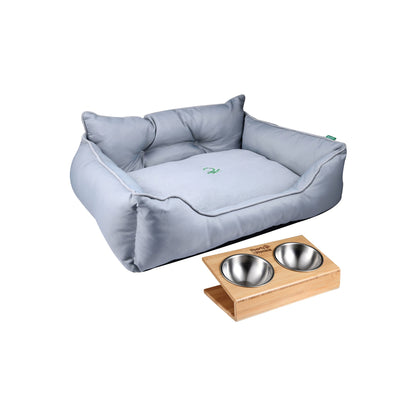 Cama Para Mascota 50x40x18cm Gris + Comedero Doble De Acero En Bambú_0