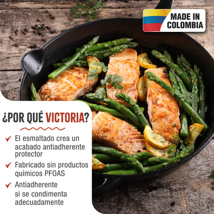 Victoria Sartén Hierro Fundido Esmaltado Inducción 30cm, Apta Fuego, Barbacoa, Horno Cast Iron Skillet, 33644, Negro_1