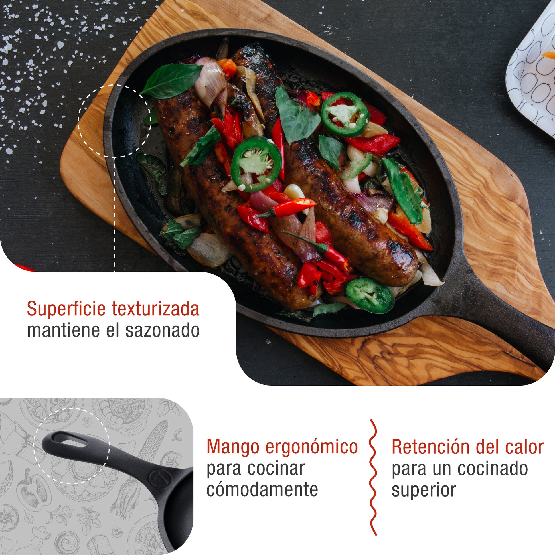 Victoria Sartén Fajita Hierro Fundido Esmaltado Inducción 25cm, Apta Fuego, Barbacoa Cast Iron Skillet, 32036, Negro_2