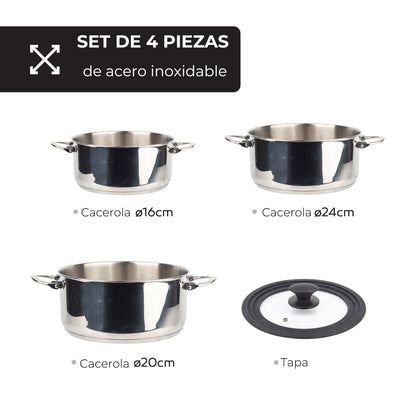 Set De Batería De Cocina En Acero Inoxidable + 3 Sartenes Ø18ø22ø26cm En Aluminio Prensado + 5 Boles De Cristal Con Tapas San Ignacio_3