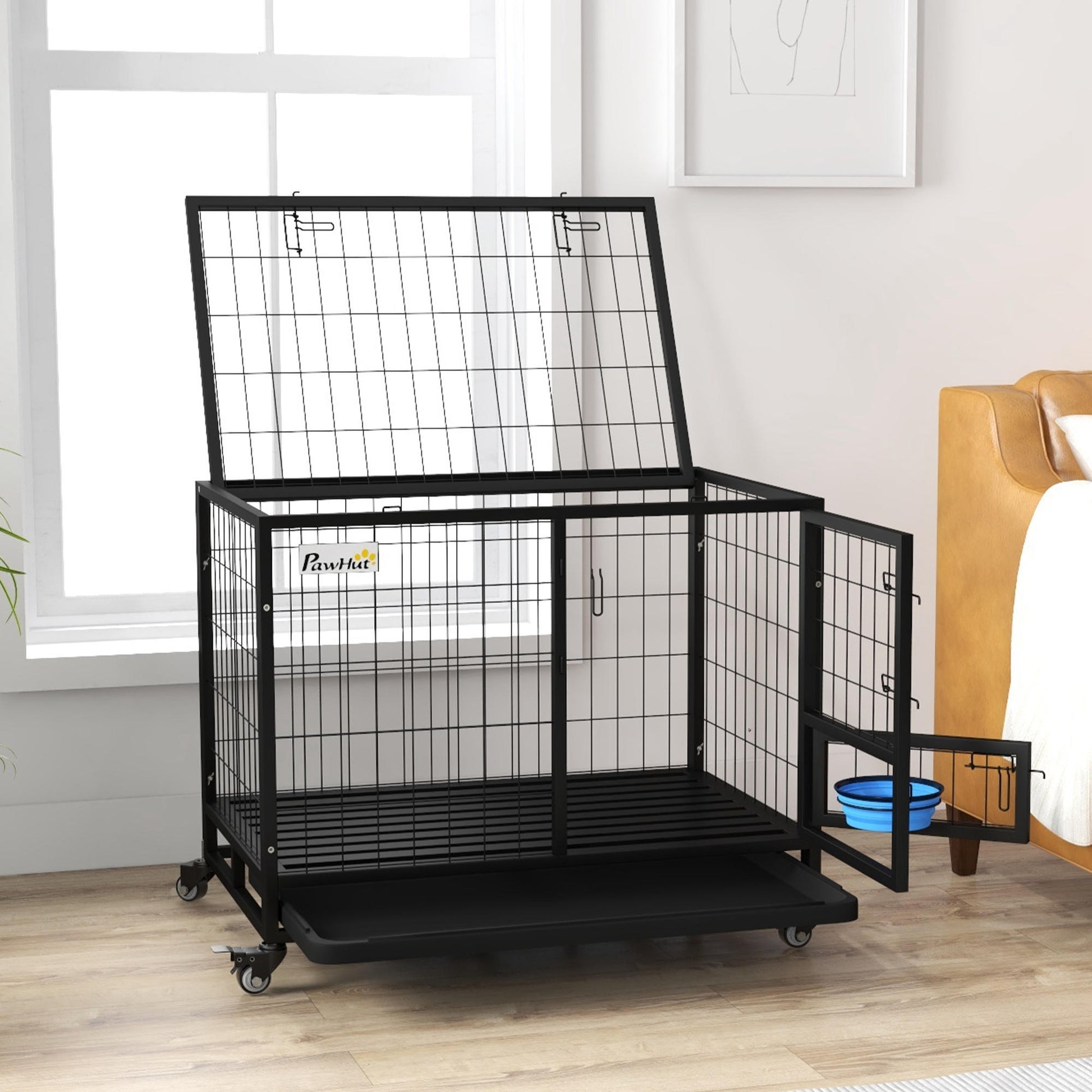 Pawhut Jaula Para Perros Grandes Con Soporte De Cuenco Y Puerta Doble Negro_4