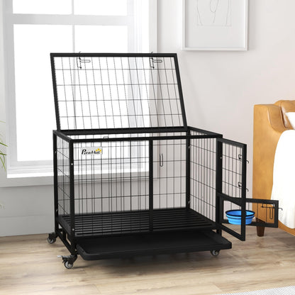 Pawhut Jaula Para Perros Grandes Con Soporte De Cuenco Y Puerta Doble Negro_4