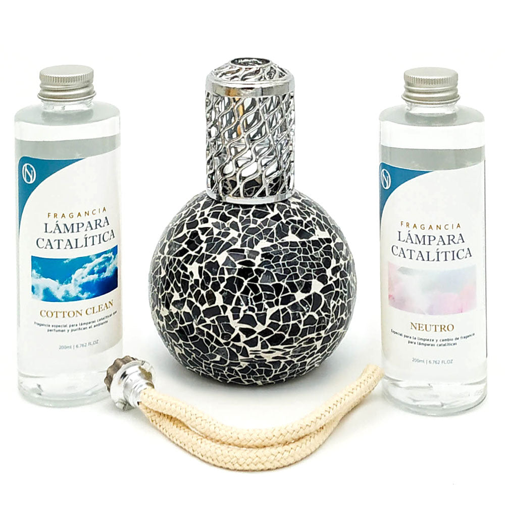 Pack Ahorro Lámpara Catalítica Mosaico Negro + Fragancia Cotton Clean 500ml + Limpiador Neutro 200ml + Mecha De Repuesto_0