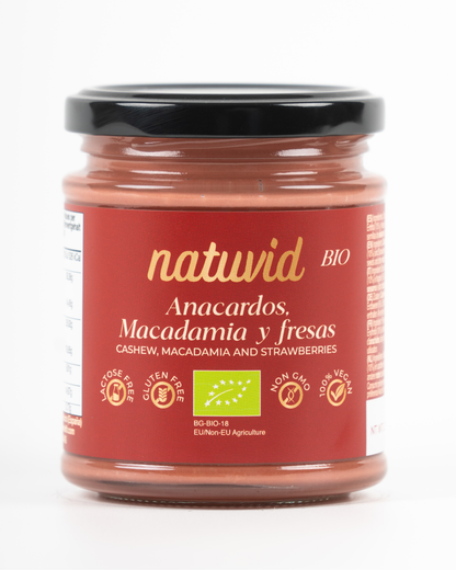 Crema de Anacardos, Macadamia y Fresas BIO Natuvid (200g) con Eritritol y Coco | Vegana y Sin Gluten_0