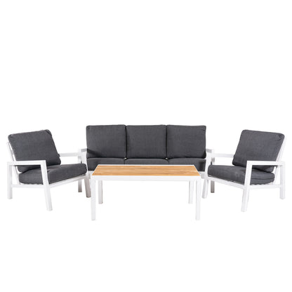 Conjunto De Sofás De Jardín, Mesa Con Tablero De Madera Y Aluminio + 2 Sillones + 1 Sofá De 3 Plazas, Color Blanco_0